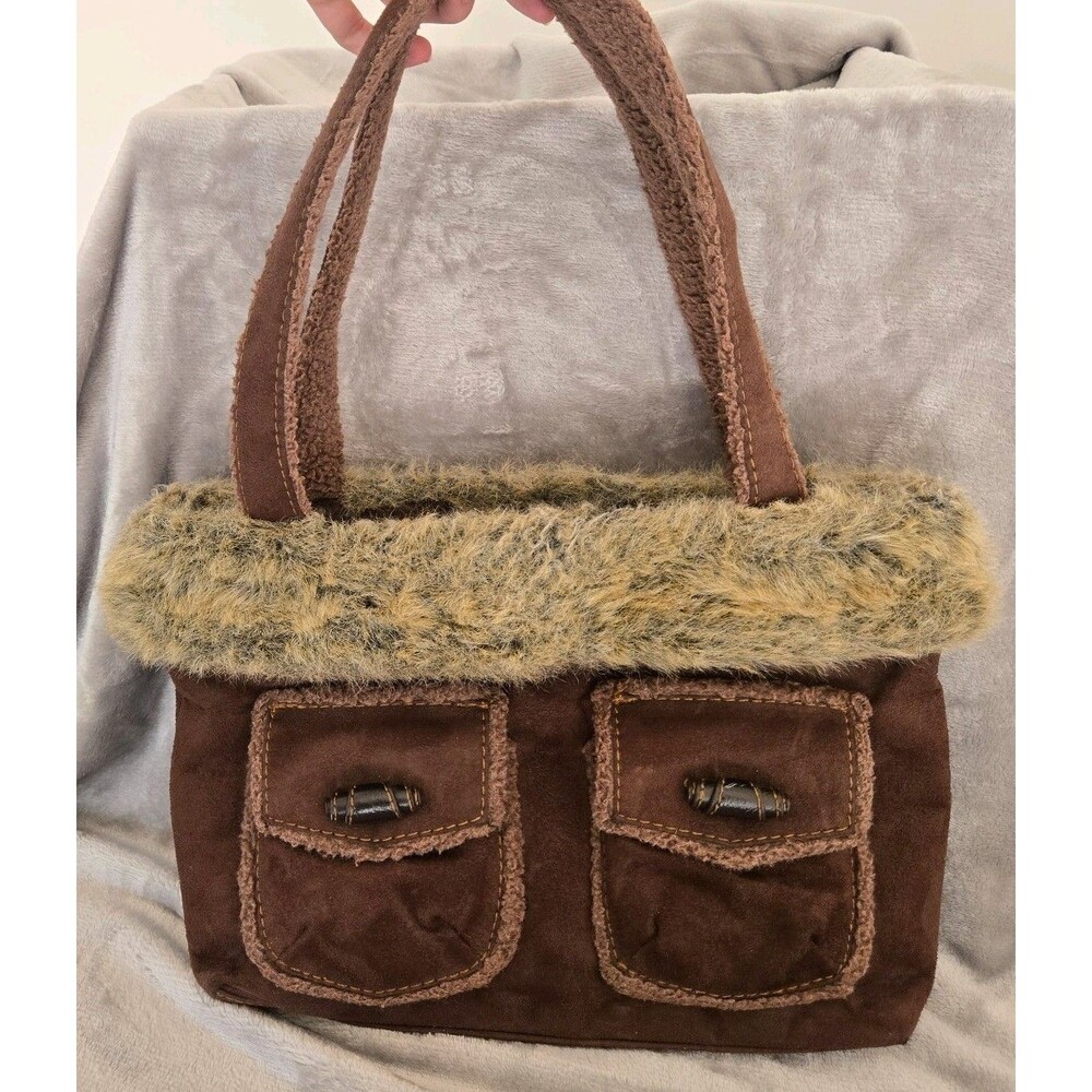 Y2K Brown Faux Suede Fur Trim Ugg boot style Tote Shoulder Bag Pockets VTG BBW